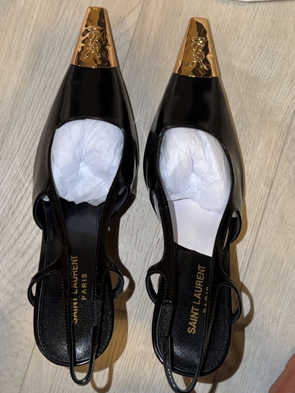 Saint Laurent Black Leather Slingback Heels with Gold Cap Toe - Picture 2 of 2
